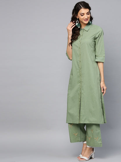 Women's  Green Solid Kurta with Palazzos & Dupatta