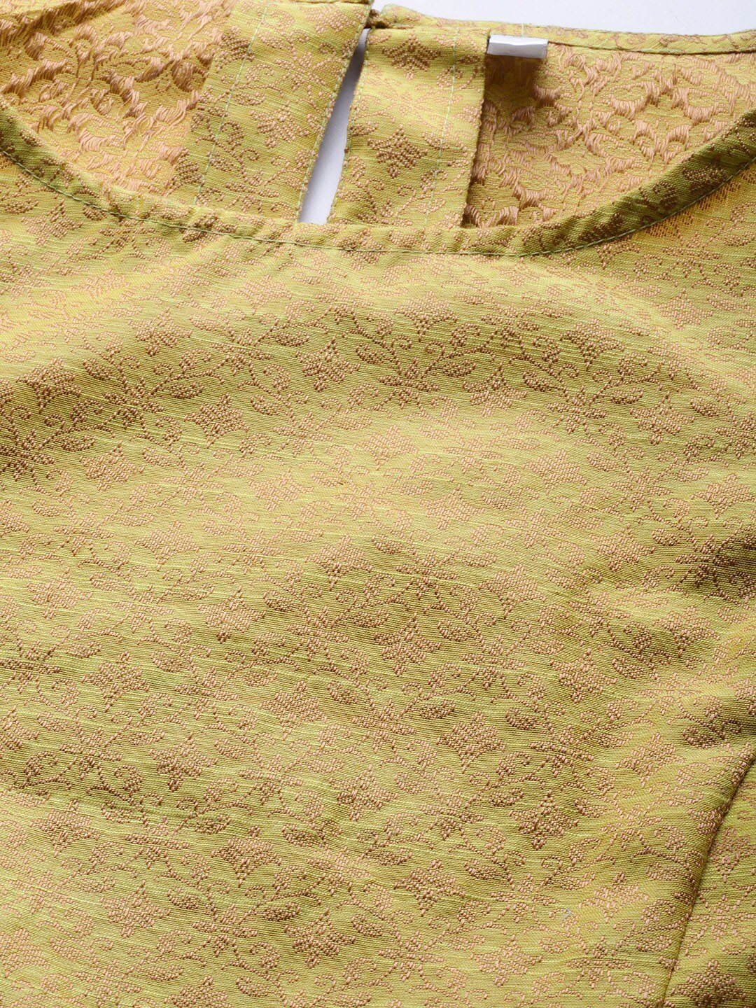 Women's  Green & Golden Woven Design Straight Kurta