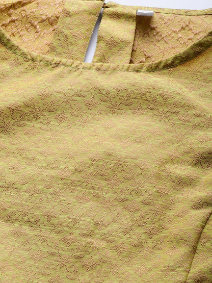 Women's  Green & Golden Woven Design Straight Kurta