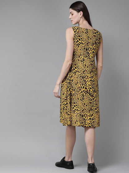 Women's  Yellow Leopard Printed Fit and Flare Dress