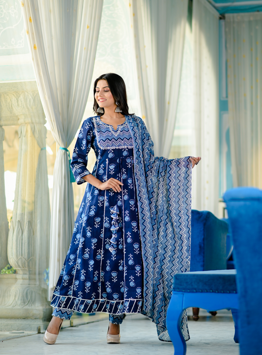 Women's Blue Handblock Dupatta Set