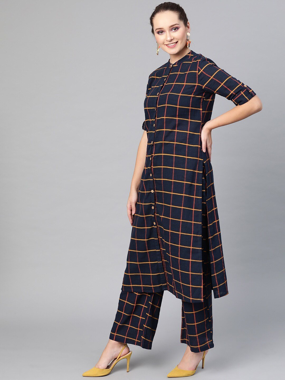 Women's  Navy Blue & Yellow Checked Kurta with Palazzos