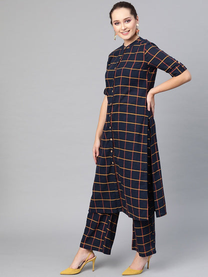 Women's  Navy Blue & Yellow Checked Kurta with Palazzos