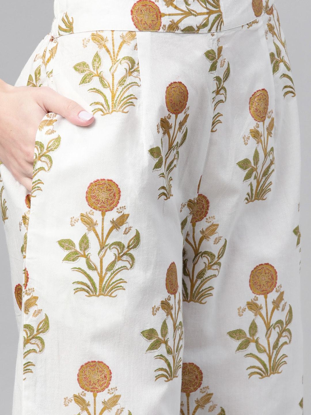 Women's  White & Olive Green Foil Printed Kurta with Palazzos & Ethnic Jacket