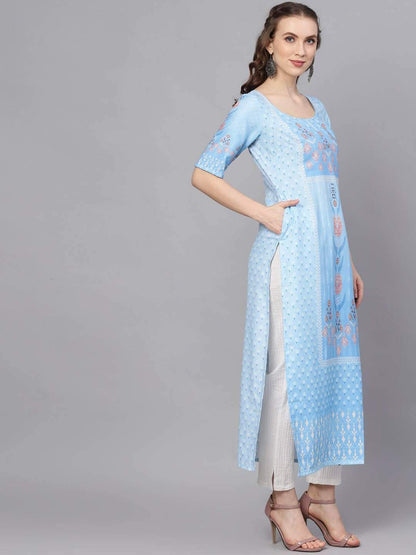 Women's  Blue & White Printed A-Line Kurta