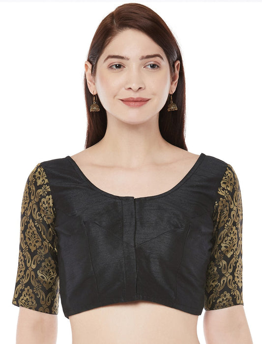 Women Black Polyester Silk Saree Blouse by Shr