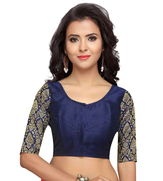 Women's Navy Blue Brocade Blouse by Shringaa