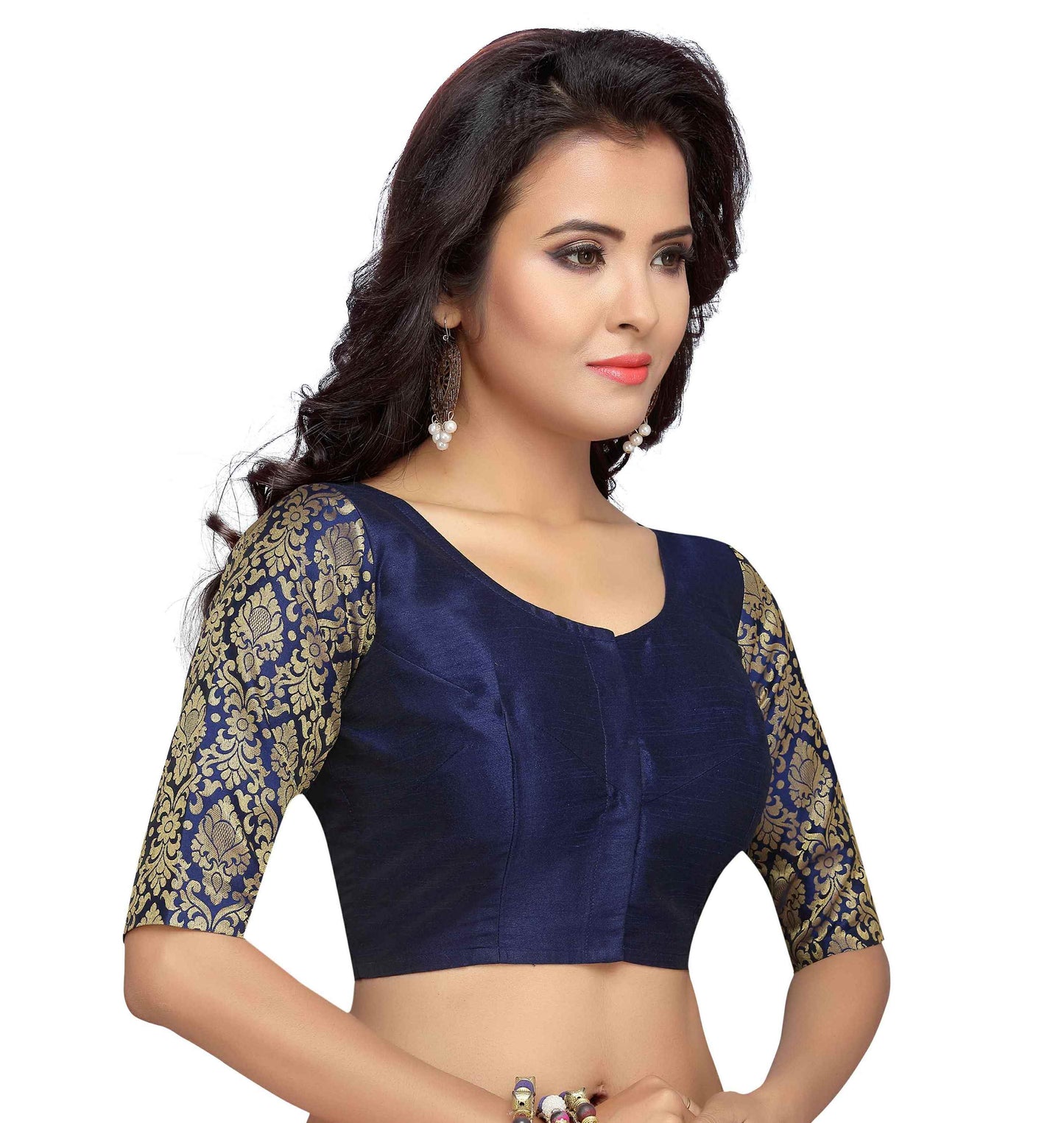 Women's Navy Blue Brocade Blouse by Shringaa
