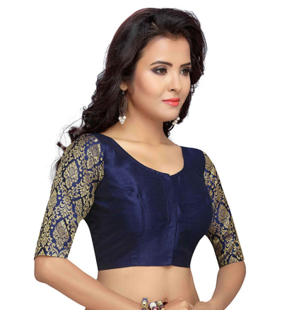 Women's Navy Blue Brocade Blouse by Shringaa