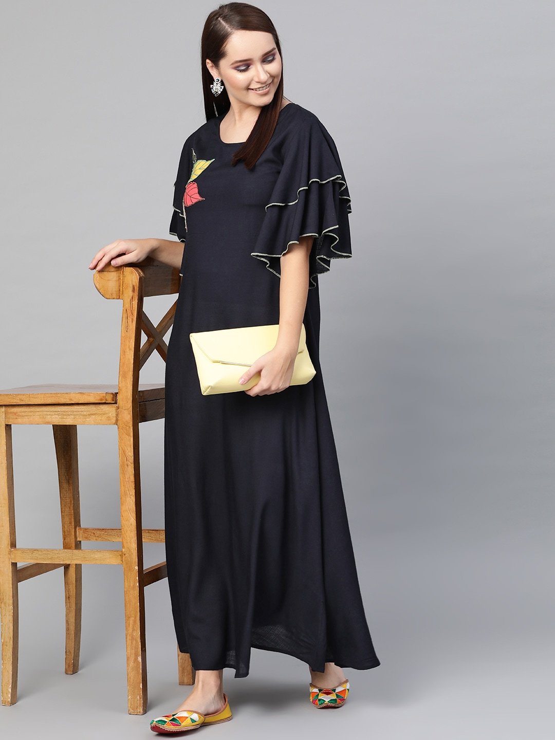 Women's  Navy Blue Embroidered A-Line Dress