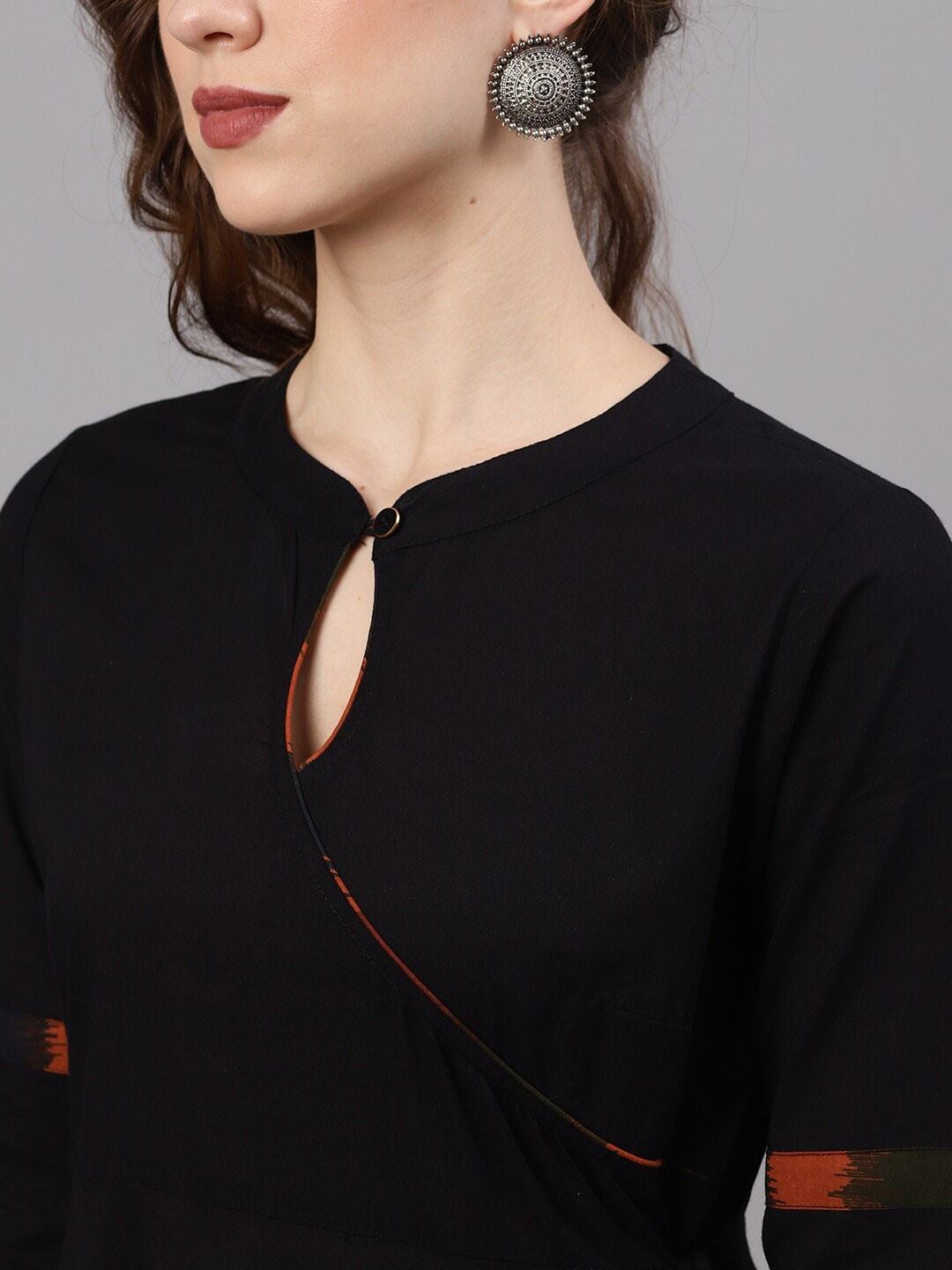Women's  Black & Orange Solid Kurta with Trousers & Dupatta