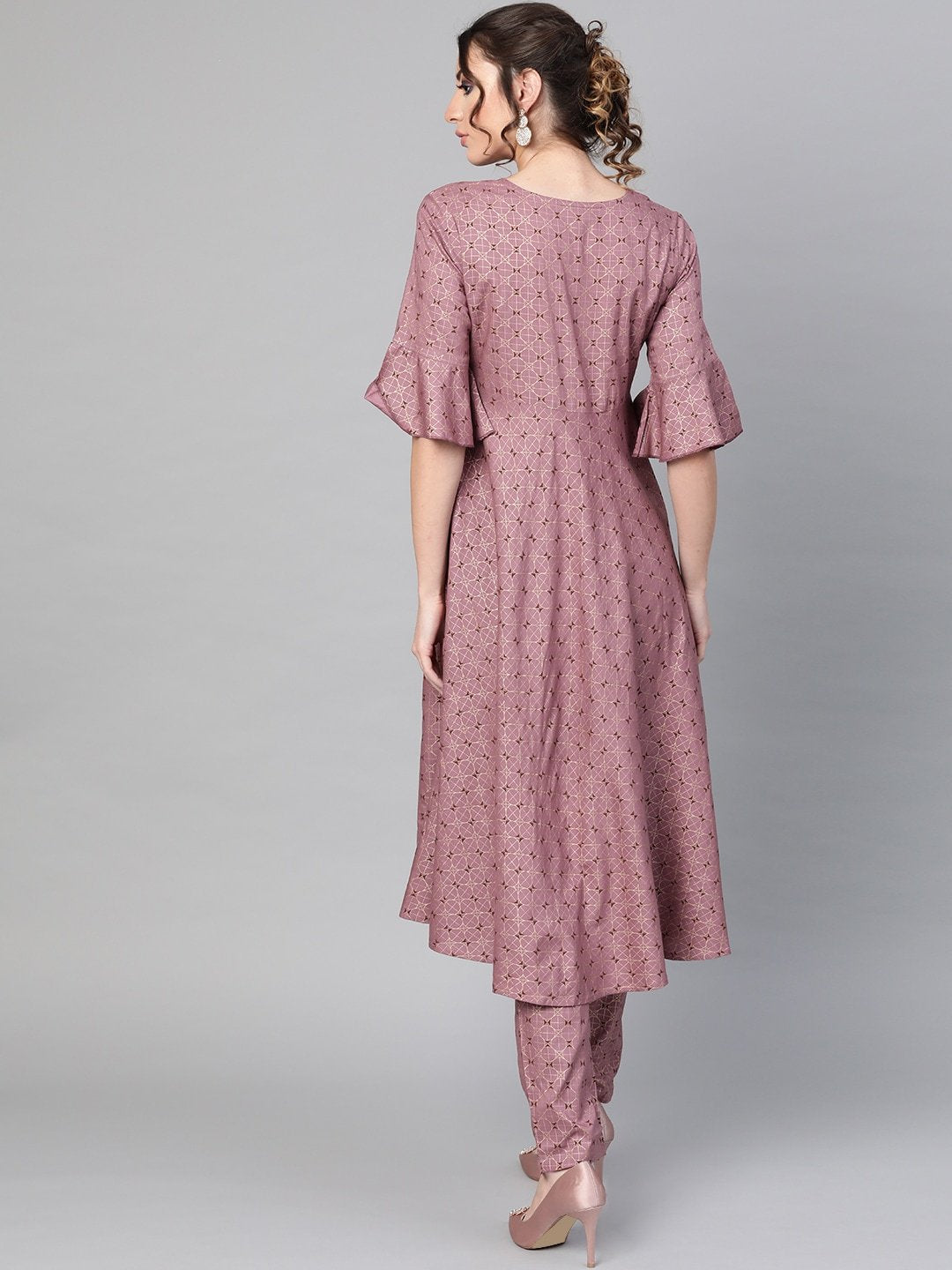 Women's  Mauve & Golden Printed A-Line Kurta
