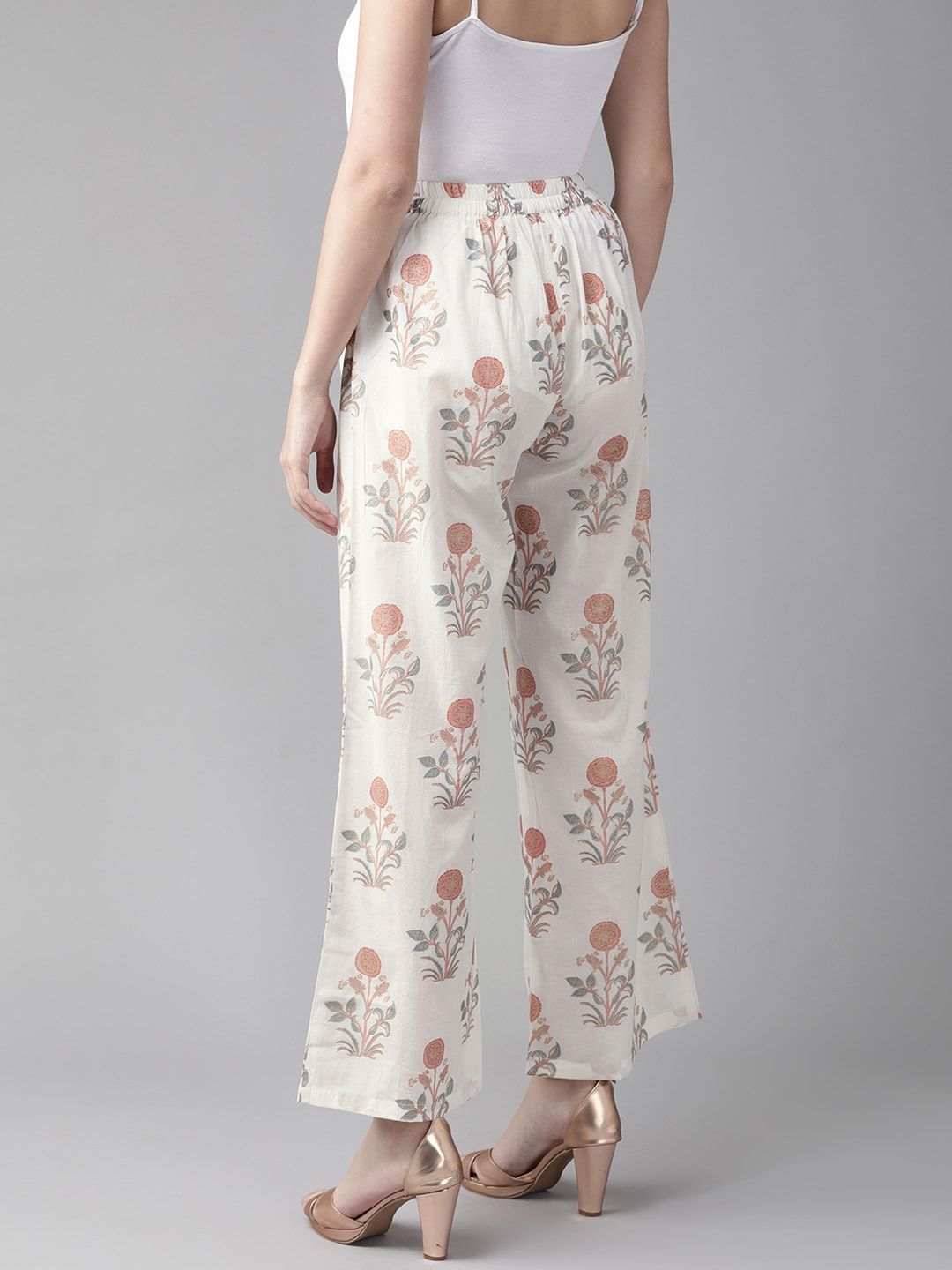 Women's  White & Rust Red Printed Straight Palazzos