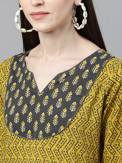 Women's  Mustard & Grey Printed A-Line Kurta