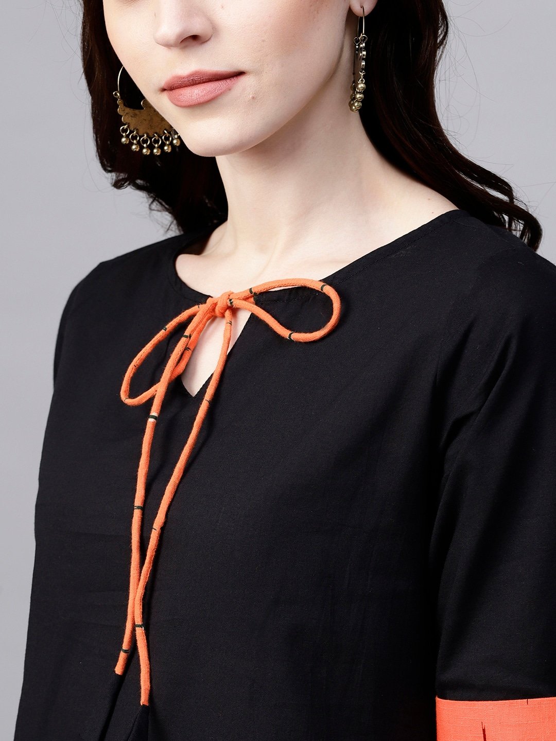 Women's  Black & Orange Solid Kurta with Palazzos