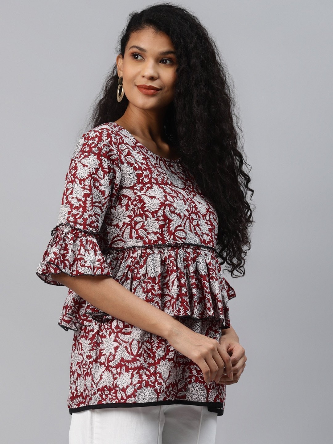 Women's Maroon & Offwhite Printed Top