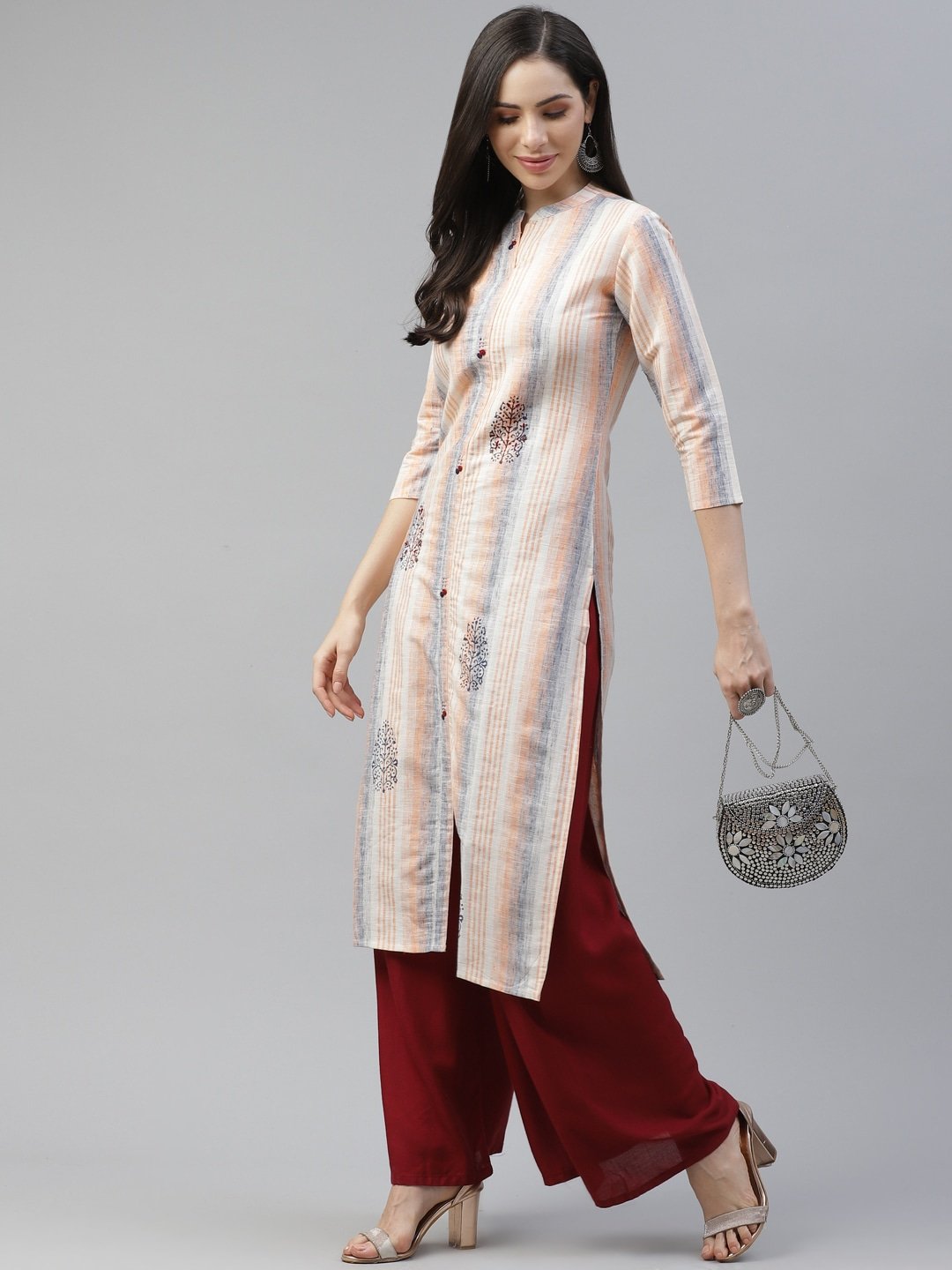 Women's Peach & Blue Striped Kurta
