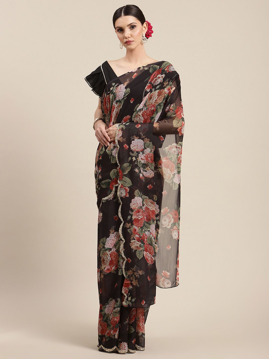 Women's Black Chiffon Digital Print Floral Saree