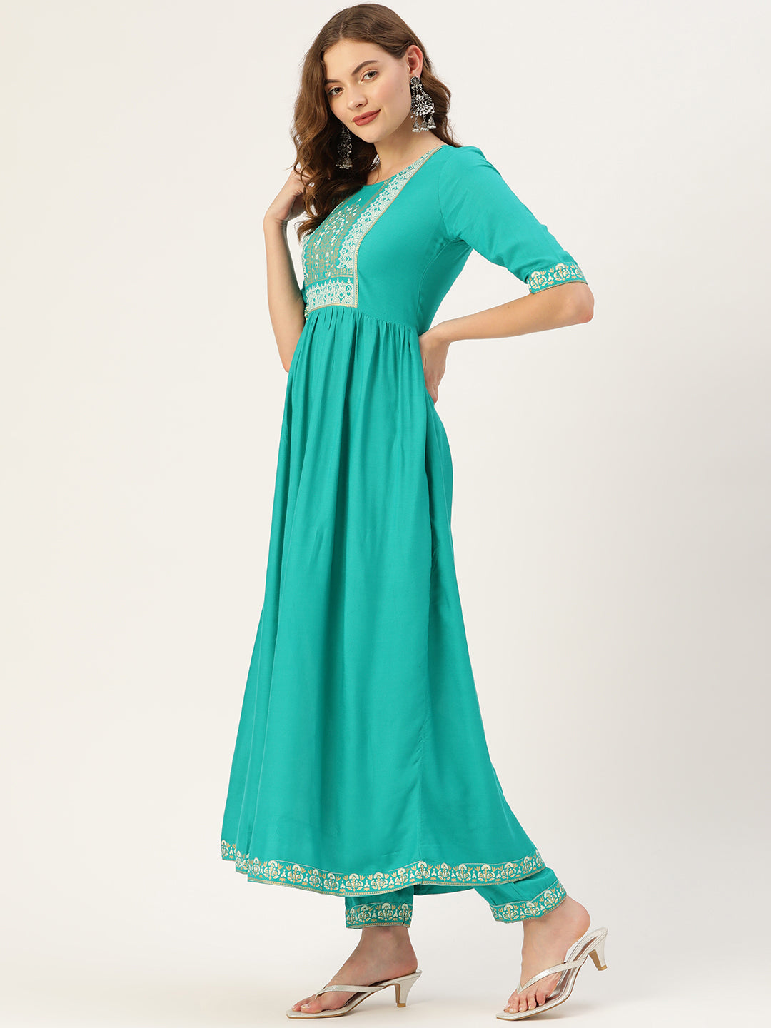 Women's Rama Rayon Panelled Printed A-Line Kurta Trouser Set With Dupatta