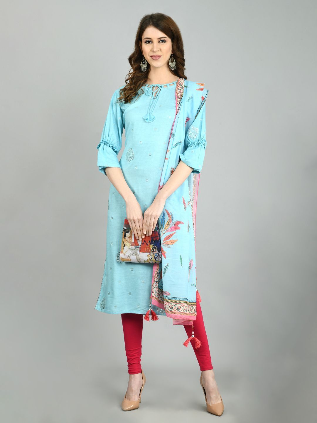 Women's Sky Blue Cotton Printed 3/4 Sleeve Round Neck Casual Kurta Dupatta  Set
