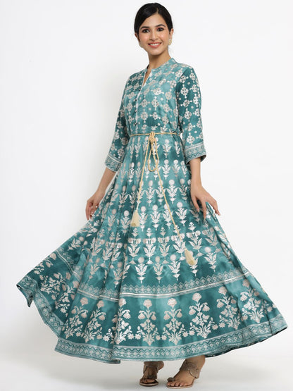 Women's Printed Flared Dress with Waist Tie-up