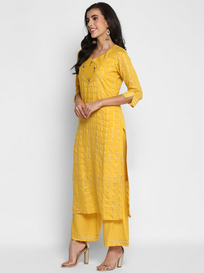 Women's Yellow Color Chanderi Silk Embroidered Straight Kurta Palazzo With Dupatta
