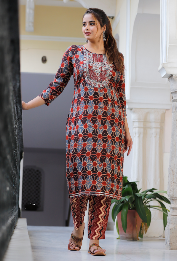 Women's rayon embroidered printed straight kurta with pant set