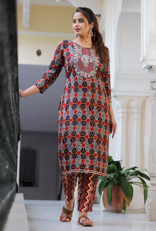 Women's rayon embroidered printed straight kurta with pant set