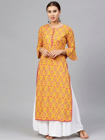 Women's Mustard Yellow & Magenta Printed Straight Kurta