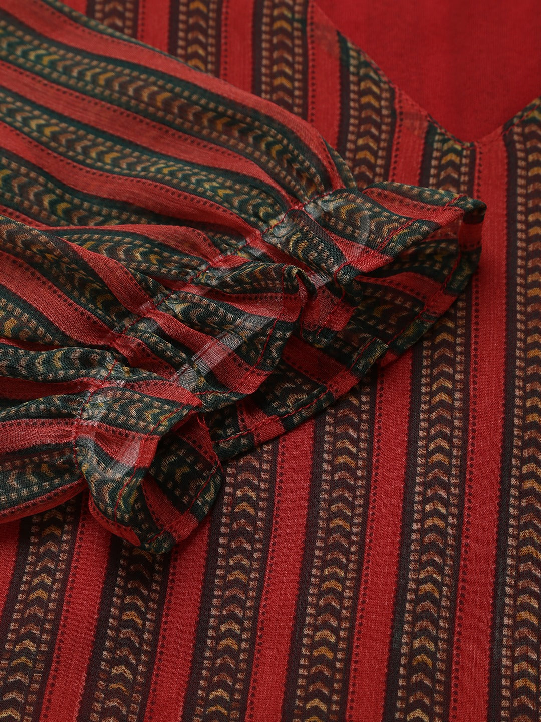 Women's Maroon Color Chiffon Flared Printed A-Line Striped Dress