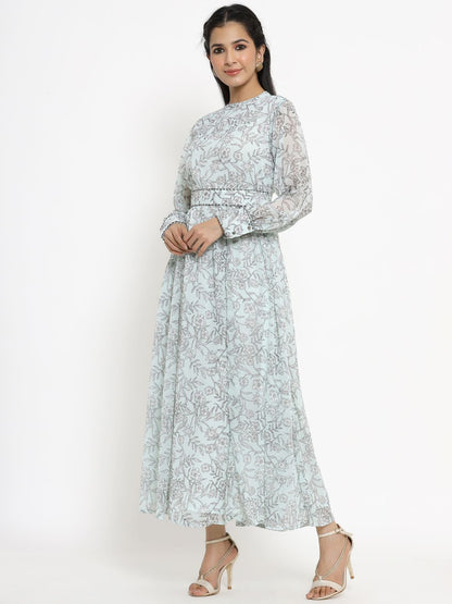 Women's Sagegreen Alphin Chiffon Flared Printed Dress With Tie-up Blet