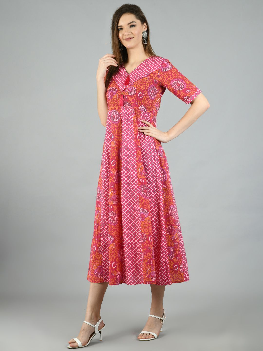 Women's Pink Cotton Printed Half Sleeve V Neck Casual Dress