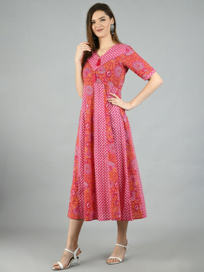 Women's Pink Cotton Printed Half Sleeve V Neck Casual Dress
