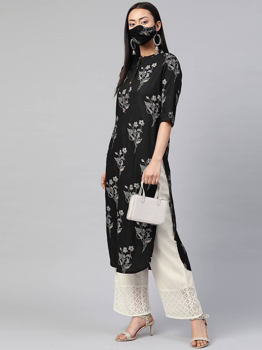 Women's Rayon Slub Bandhani Straight Kurta With Mask