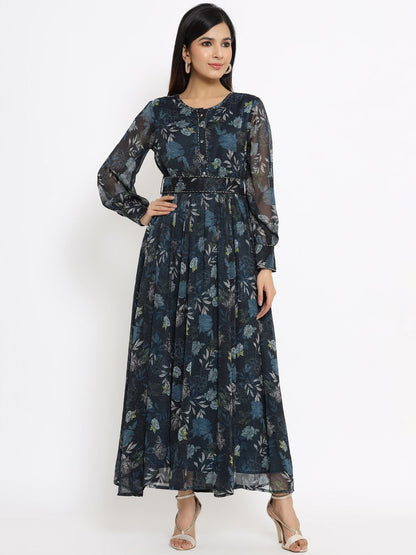 Women's Flared Printed Dress With Tie-up Blet