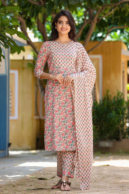 Women's Pink & Beige Handblock Printed Kurta Set