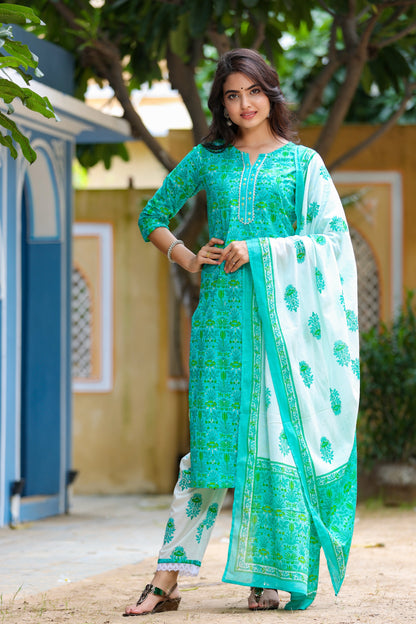 Women's Green & Offwhite Handblock Printed Kurta Set