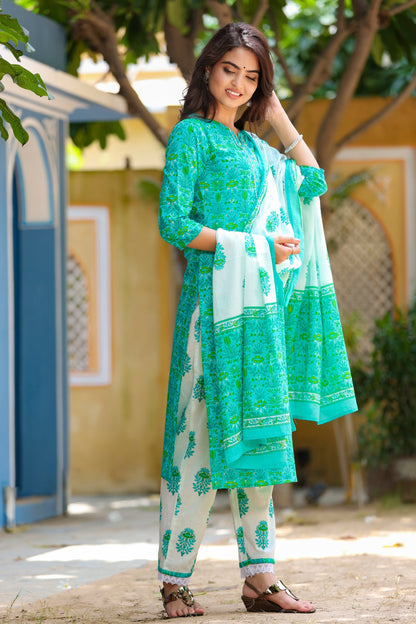 Women's Green & Offwhite Handblock Printed Kurta Set