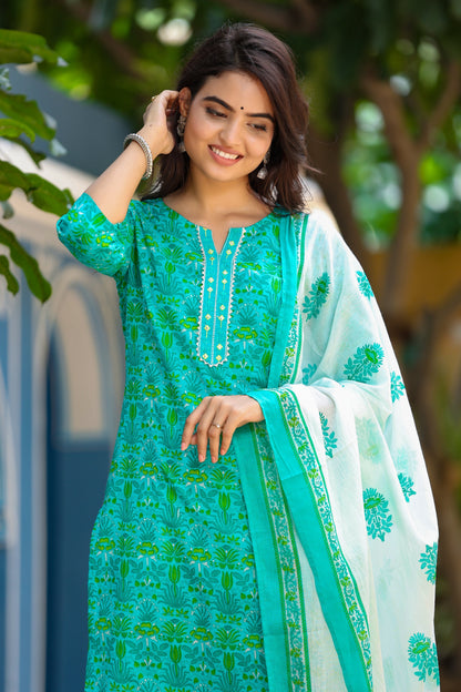 Women's Green & Offwhite Handblock Printed Kurta Set