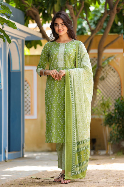 Women's Green & Offwhite Handblock Printed Kurta Set