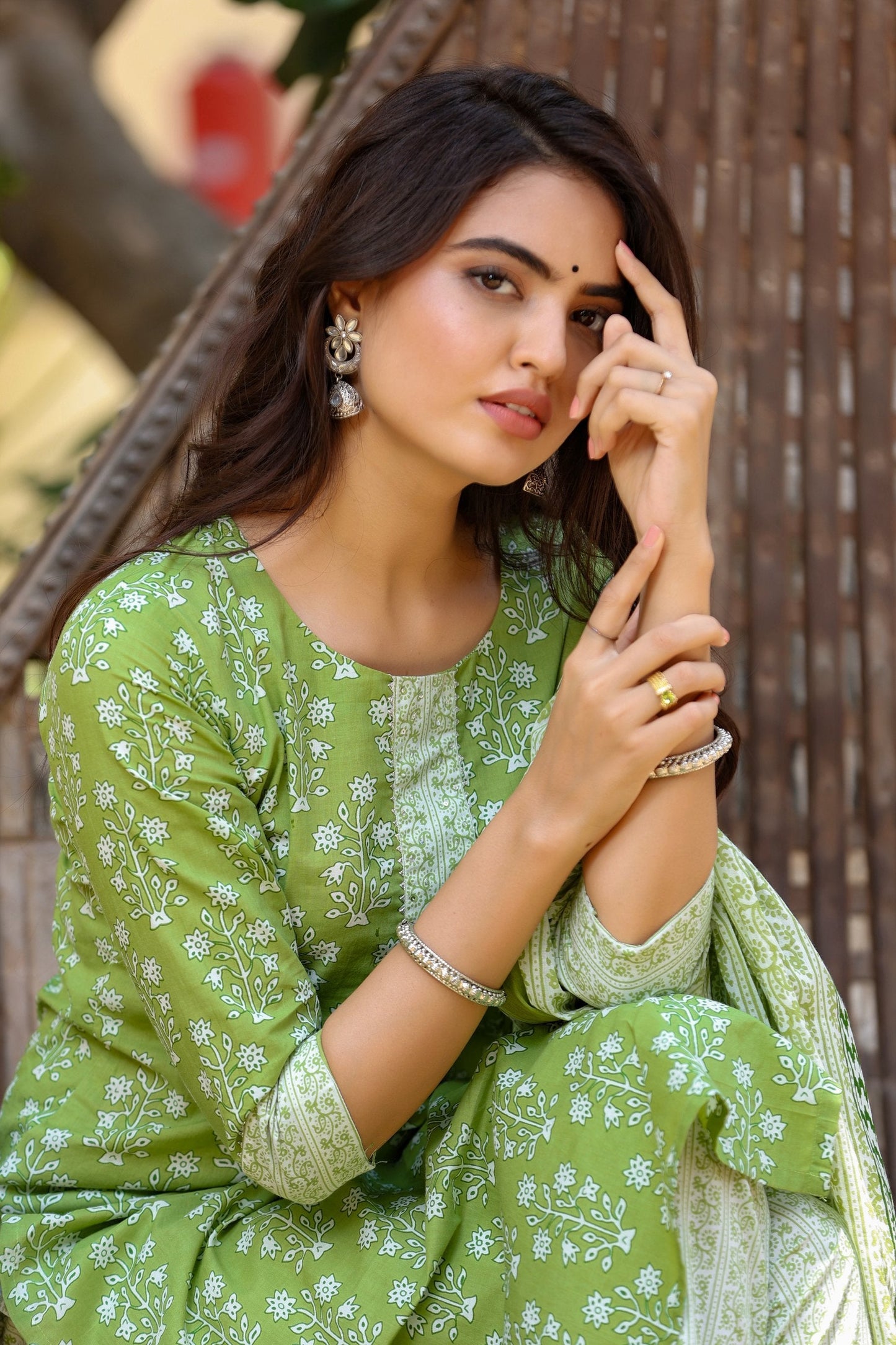 Women's Green & Offwhite Handblock Printed Kurta Set
