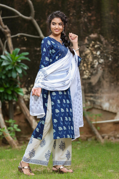 Women's Indigo & Offwhite Handblock Printed Kurta Set