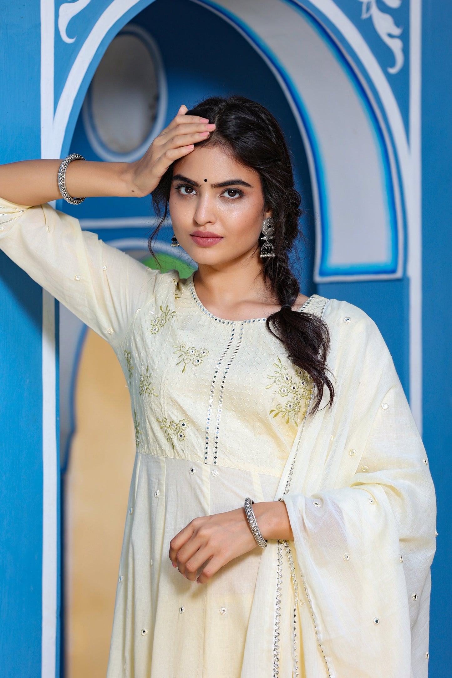 Women's Cream Tired Dupatta Set