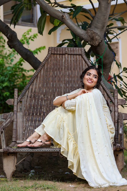 Women's Cream Tired Dupatta Set