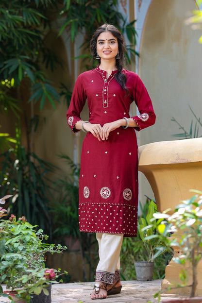 Women's Maroon Embroidered Kurta