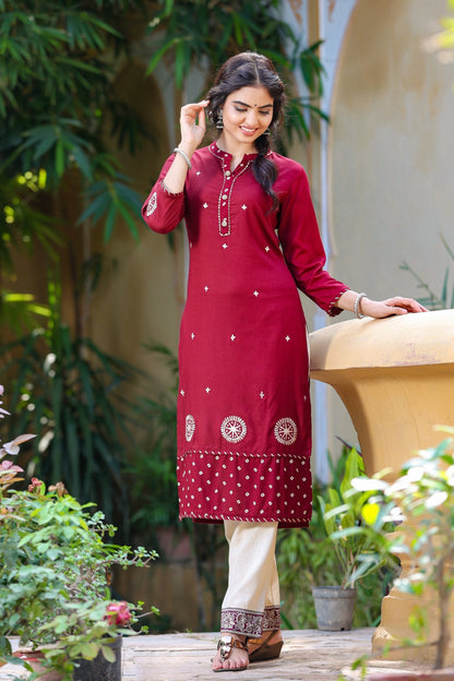 Women's Maroon Embroidered Kurta