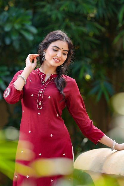 Women's Maroon Embroidered Kurta