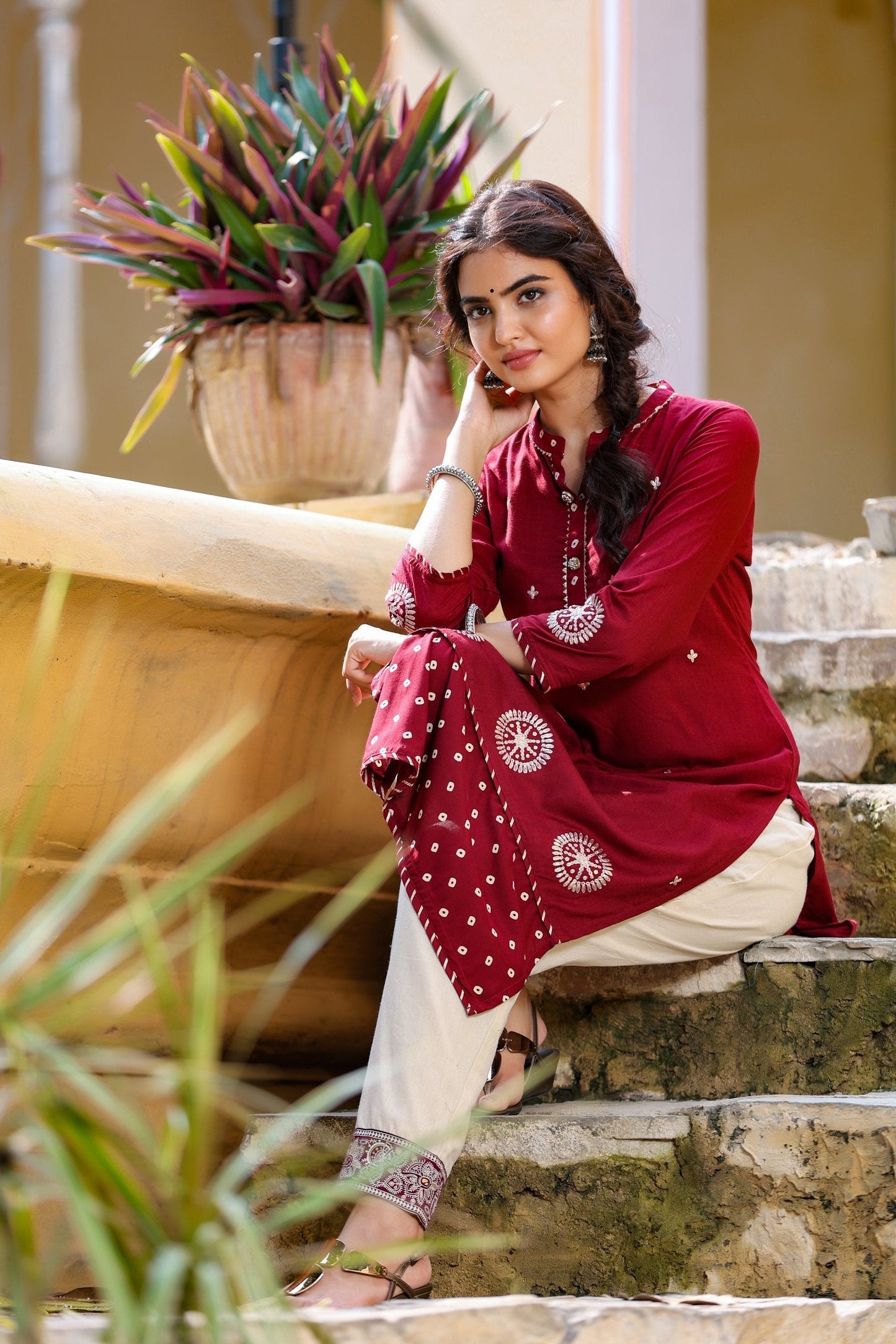 Women's Maroon Embroidered Kurta