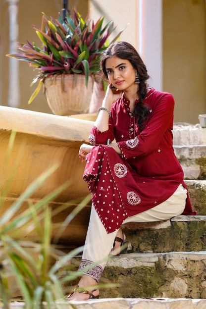 Women's Maroon Embroidered Kurta