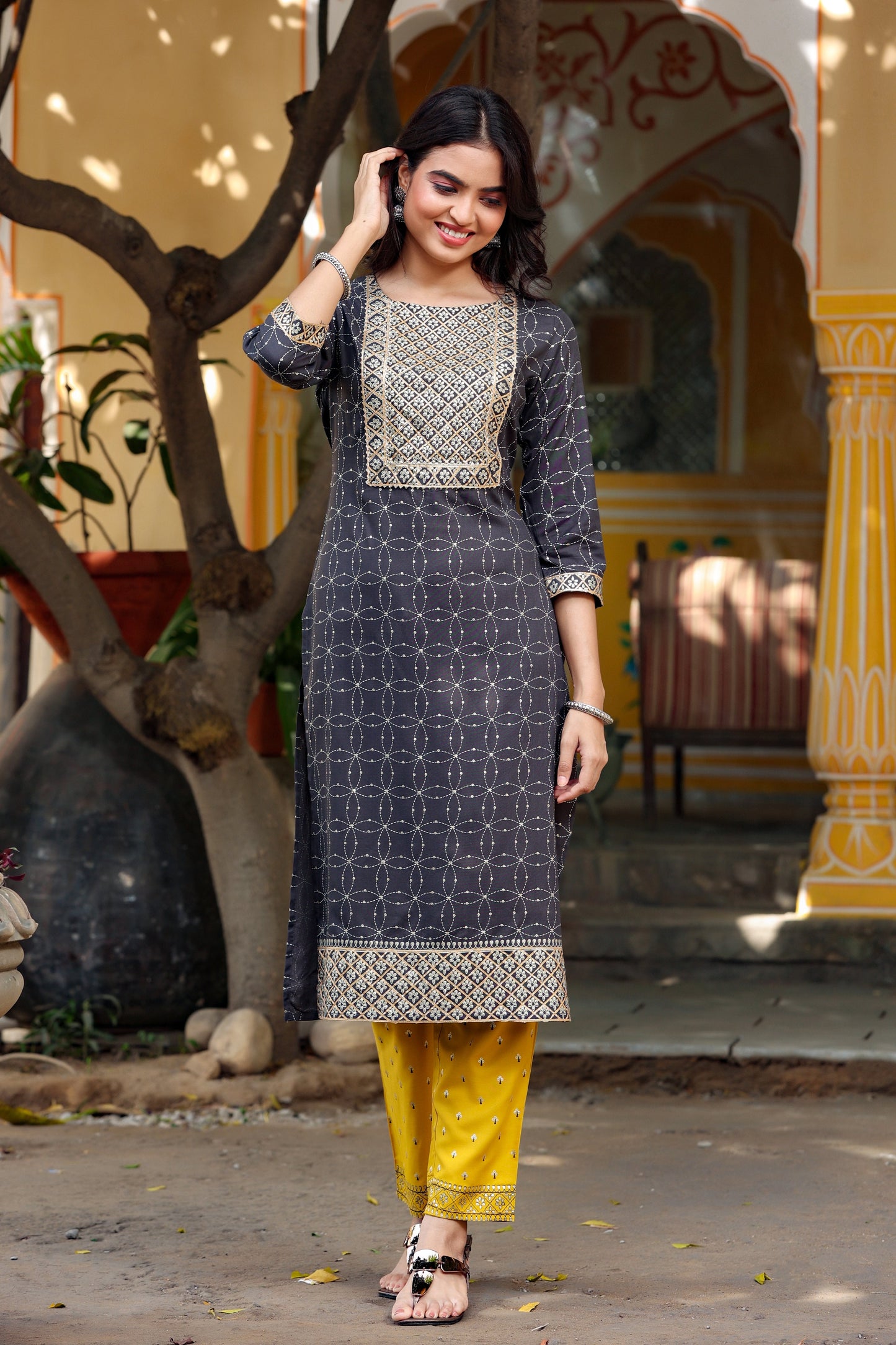 Women's Black & Mustard Kurta Set